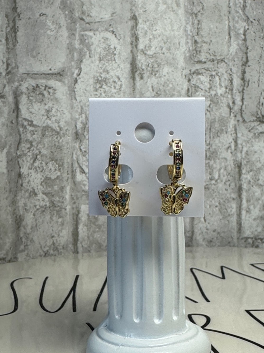 Gold Butterfly Hoop Drop Earrings with Multicolor Crystals